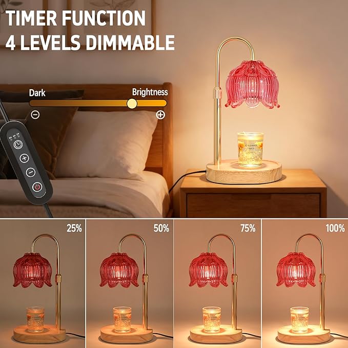 Flower Candle Warmer Lamp for Jar Candles with Timer & Dimmer, Adjustable Height Fits Large Jars up to 7.08" Tall, Flameless Wax Warmer, Cozy Bedroom Home Decor, Gift for Mom Women,Red
