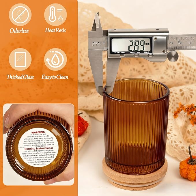 CONNOO 16pcs Ribbed Candle Glass Jars with Natural Bamboo Lids, 7oz Thick Containers for Candle Making with Wicks & Stickers, Ribbed Amber Jars for DIY Projects, Bulk Orders, Gifts & Home Décor