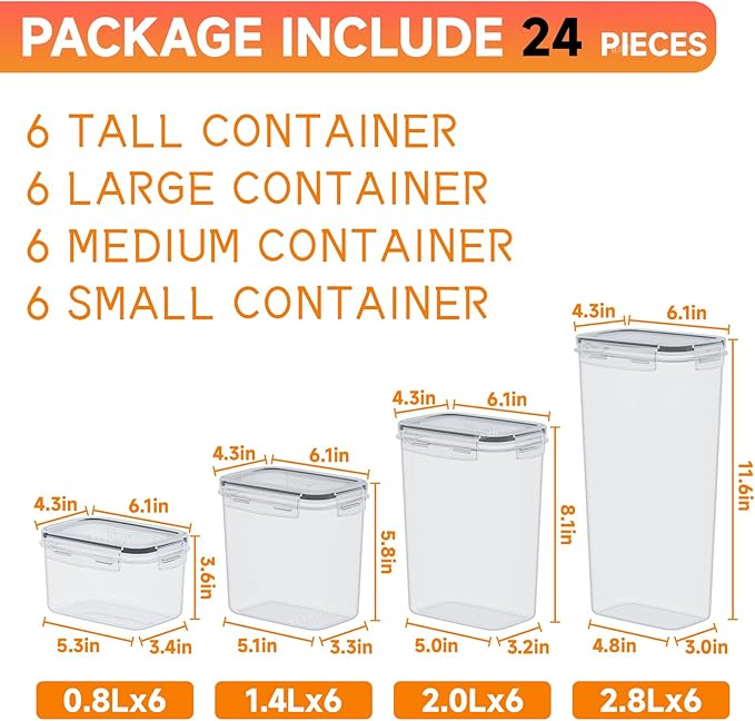 Yieach Air Tight Pantry Storage Containers - 24 PCS With Label - BPA Free Plastic Airtight Food Storage Containers with Lids for Dry Foods,Chip,Grain,Sugar,Flour and Kitchen Cereal Containers Storage