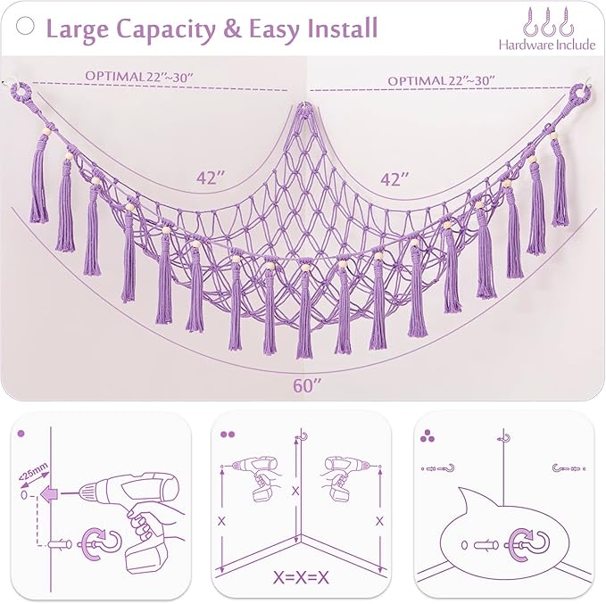 YKBU Stuffed Animals Hammock Corner Hanging Net with Wooden Beads Macrame Stuffed Animal Storage Ideas Plush Holder Toy Organizer for Boho Nursery Playroom Bedroom Kids Room Decor (purple, X-Large)