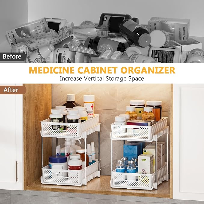 DABIGE 4 Pack Pull Out Bathroom Organizers and Storage, 2 Tier Stackable Under Sink Storage Organizer for Bathroom, Kitchen Cabinet, Pantry, and Medicine Holder, Organization and Storage - White