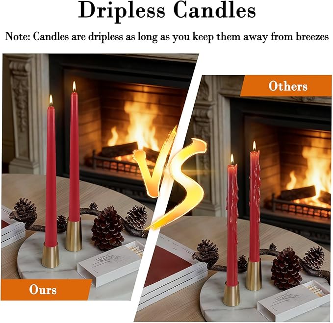 12Pack Red Taper Candles-10 inch Unscented and Dripless Dinner Candles, 8-9 Hours Burn Time, Hand Poured Tall Candlesticks-Ideal for Home Decor Weddings, Dinner Parties, Christmas Candlesticks