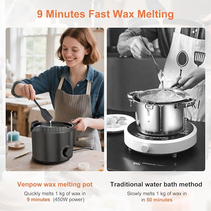 Candle Wax Melter with Pour Spout, Candle Making Kit for Adult Beginners, for Candle Making, Set Includes Wax Melting Pot, Stirring Spoon, Thermometer, Wick, Wick sticker and Centering Device - Black