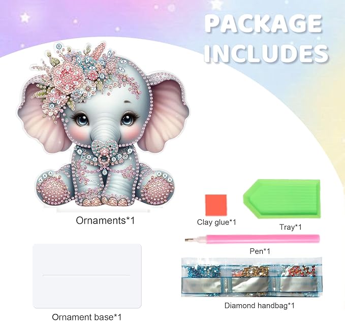 antor DIY Diamond Painting Desktop Ornament Kit, Acrylic Tabletop Diamond Art Decoration, Special Shape Crystal Diamond Painting Figurine Ornaments DIY Crafts Gift, Elephant with Floral Crown