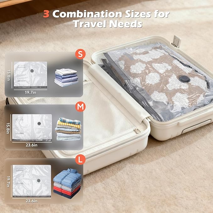 Travel Vacuum Bags with Wireless Charging Air Pump, 15 Pack Vacuum Seal Bags with 3 Sizes for Clothing Travel, Space Saver for Luggage, Business Trip, Home Storage