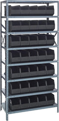 Quantum 1275-441BK Heavy Duty Shelving Unit with (8) Shelves and (35) SSB441 Black Bins for Garage Warehouse Storage Distribution | 400 lb Load Capacity | 12"D x 36"L x 75"H, Galvanized Carbon Steel