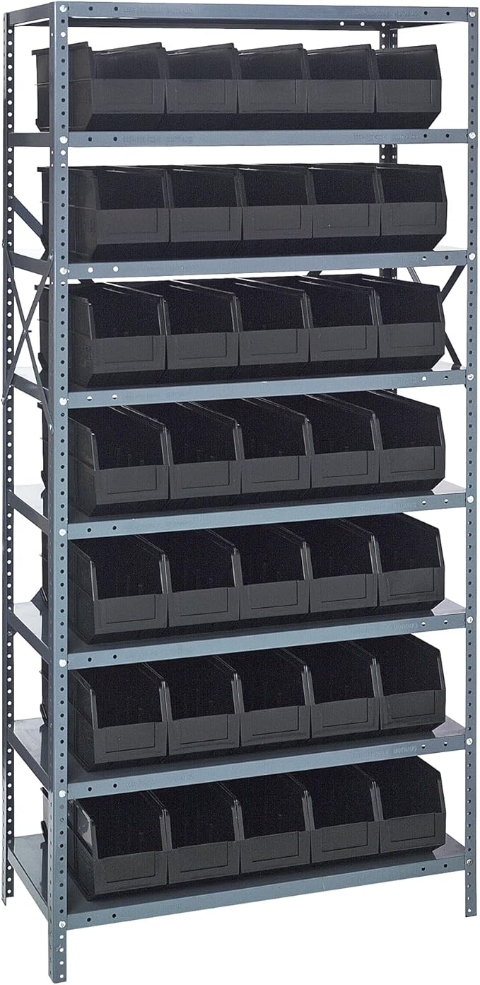 Quantum 1275-441BK Heavy Duty Shelving Unit with (8) Shelves and (35) SSB441 Black Bins for Garage Warehouse Storage Distribution | 400 lb Load Capacity | 12"D x 36"L x 75"H, Galvanized Carbon Steel