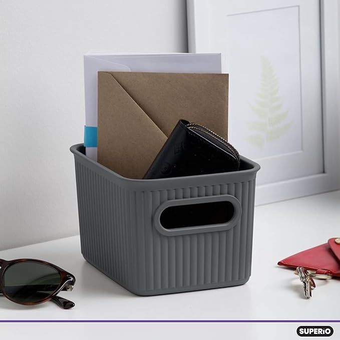 Superio Decorative Plastic Basket Open Home Storage Bins Organizer Baskets, Small, Grey (8 Pack) Container Boxes for Organizing Closet Storage Bins for Shelves Drawer Shelf, 1.5 Liter