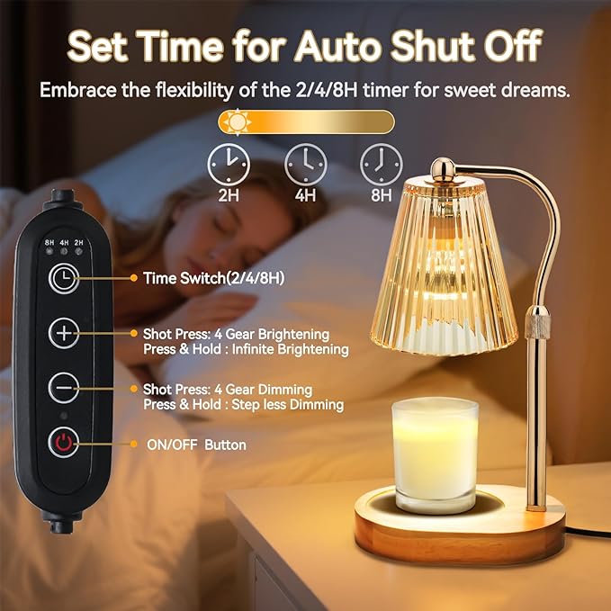 Candle Warmer Lamp with 2Bulbs, Adjustable Height Dimmable Wax Warmer with Timer, Wax Melt Warmer with 4 Brightnes, Candle Warmer Light for Mothers Day/Birthday Gifts