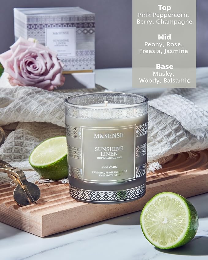 M&SENSE Sunshine Linen Soy Candles, 7.4oz 45 Hour Long Lasting Scented, All-Natural Luxury Candle for Home Decor, Winter Housewarming New Year Gifts