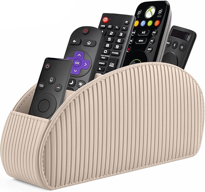 SITHON Remote Control Holder with 5 Compartments - PU Leather Remote Caddy Desktop Organizer Store TV, DVD, Blu-Ray, Media Player, Heater Controllers, Stripe Latte