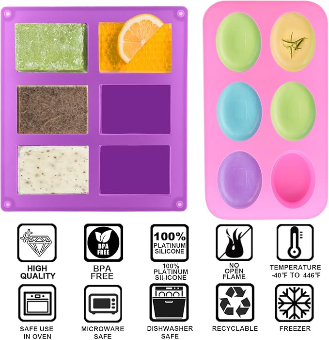 Lerykin Silicone Soap Molds, Oval & Rectangle Soap Bar Mold, 6 Cavities DIY Mould for Homemade Craft Soap, Pudding, Muffin, Chocolate, Brownie, Cornbread, Cheesecake, Cake & Ice Cube - Just Pop Out