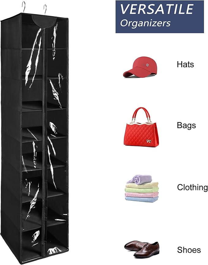 Coastal Rose 8 Tier Clear PVC Hanging Organizer With Zipper, Sweater Storage Shelves With Cover, Shoe Organizer for Closet, Black