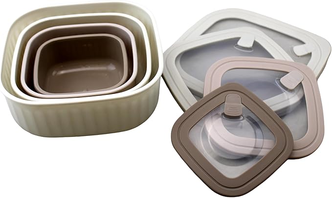 Set of 4 BPA-Free Square Food Storage Containers Vented Lids Assorted Sizes, Microwave & Freezer Safe Nesting Design for Leftovers Meal Prep Fridge Organization Dry Grains (Ivory)