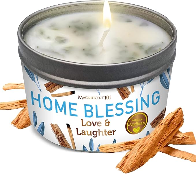 Magnificent 101 Long-Lasting Home Blessing - Love & Laughter Aromatherapy Smudge Candle - 6 Oz - 35-Hour Burn - Soy Wax, Sage, Bergamot & Sandalwood - Meditation & Manifestation - Sage Candle