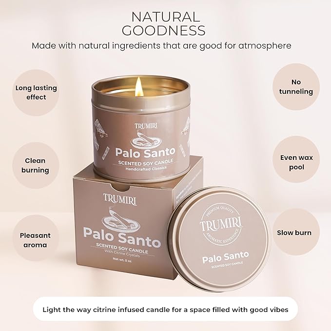 Palo Santo Candle for Home - Highly Scented with Citrine Crystals - 5oz Soy Wax Organic Non Toxic for Aromatherapy Relaxation Meditation - Room Decor for Men - New House Essentials - Pet Safe Candel