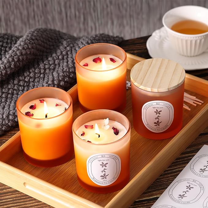REISEN 12Pcs Gradient Orange Candle Jars for Making Candles, 10oz Glass Jars with Bamboo Lids, Candle Wick Kit and Sticky Warning Labels, Candle Containers Vessels for DIY Gifts