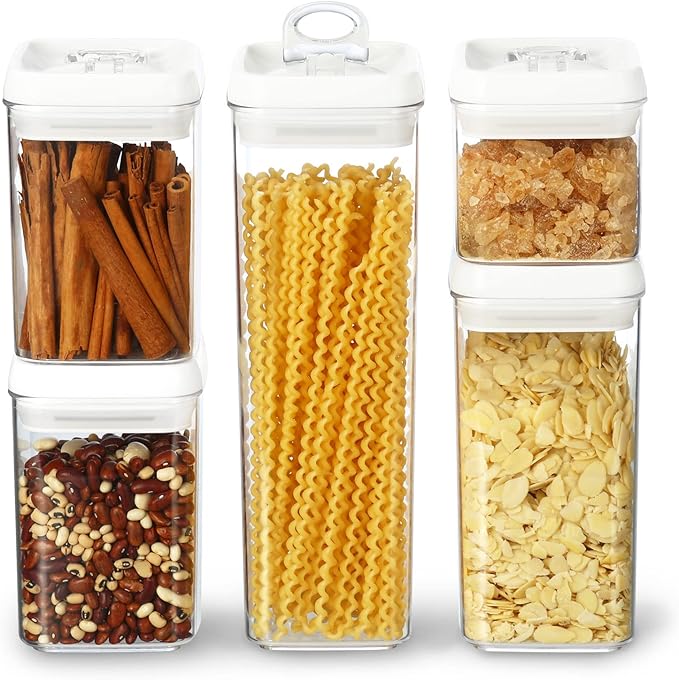 Felli Flip Tite Storage Container with Lid 4" Airtight Ring Seal Top, Stackable Acrylic Canister Jar Set for Kitchen Pantry Organizer, Food Spice Pasta Snack (5pk, Variety)