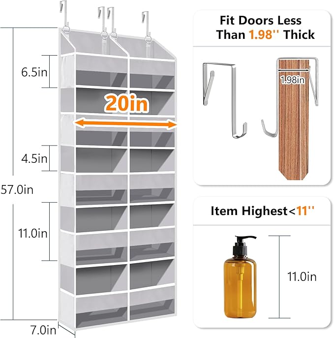 Heavy Duty Over The Door Organizer 5 Tiers, Extra Large Behind Door Storage of 10 Front & 10 Mesh Pockets, 80lb Weight Capacity, Hanging Doors Storage for Closet Bedroom Nursery, Light Gray