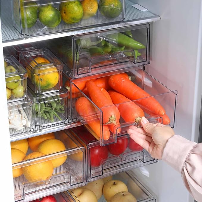 bealy 2 Pack Stackable Clear Storage Drawer,Clear Refrigerator Organizers and Storage Drawer, Pull Out Drawer for Fridge Kitchen Bathroom Cabinet Closet Organizer Pantry