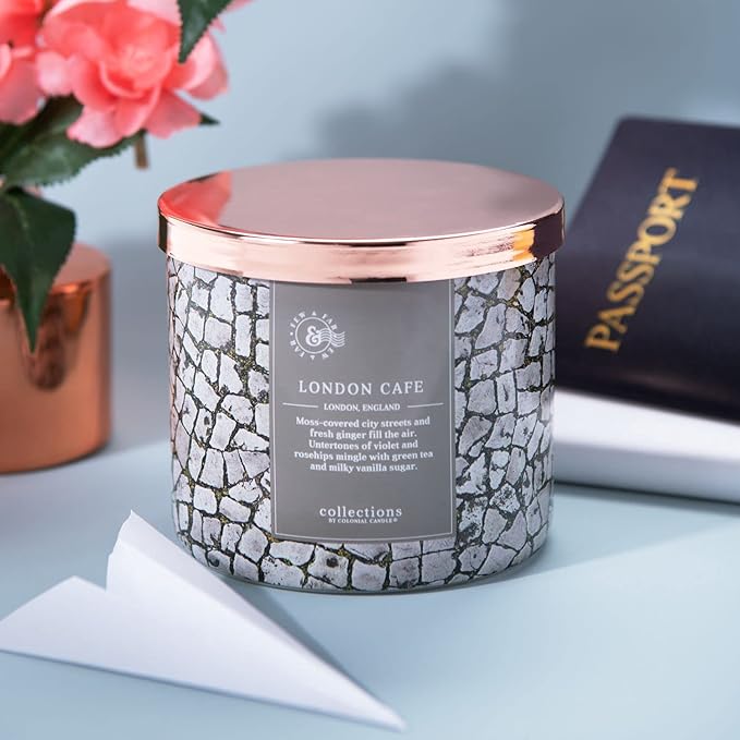 Colonial Candle London Café Scented Jar Candle, Travel Collection, 3 Wick, Gray, 14.5 oz - Up to 60 Hours Burn