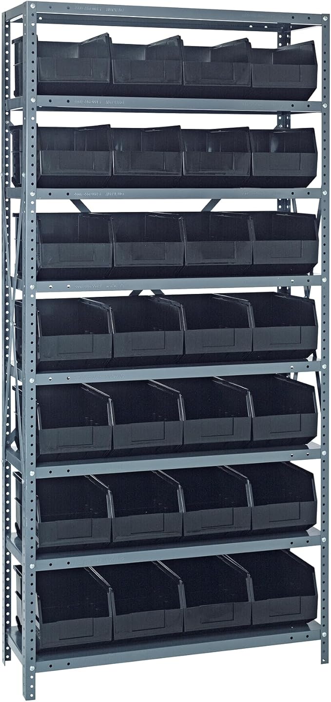 Quantum 1875-463BK Heavy Duty Shelving Unit with (8) Shelves and (28) SSB463 Black Bins for Industrial Warehouse Storage Distribution | 400 lbs Capacity | 18"D x 36"L x 75"H, Galvanized Carbon Steel