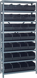 Quantum Storage Systems 1275-443BK Solid Heavy Duty 8 Shelves 28 Stackable Shelf Bins Black Bins 75" H x 36" W x 12" D