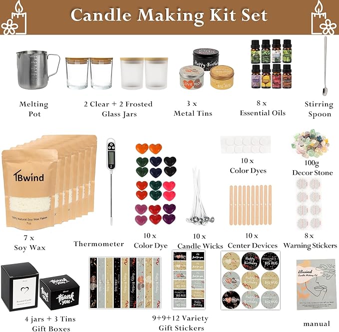 TBWIND Candle Making Kit, Soy Candle Making Supplies DIY Candle Craft Tools for Adults, Beginners with 8 Pleasant Scents, Melting Pot, Wicks, Wax, Dyes & More - DIY Starter Candle Making Kit