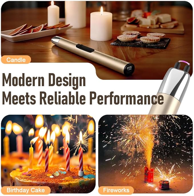 Candle Lighter, Electric Rechargeable USB Arc Windproof Flameless Plasma Lighter Long Stick with Rope and Ring, No Butane Fluid, Perfect for Candle BBQ Camping Kitchen Stove, Gold