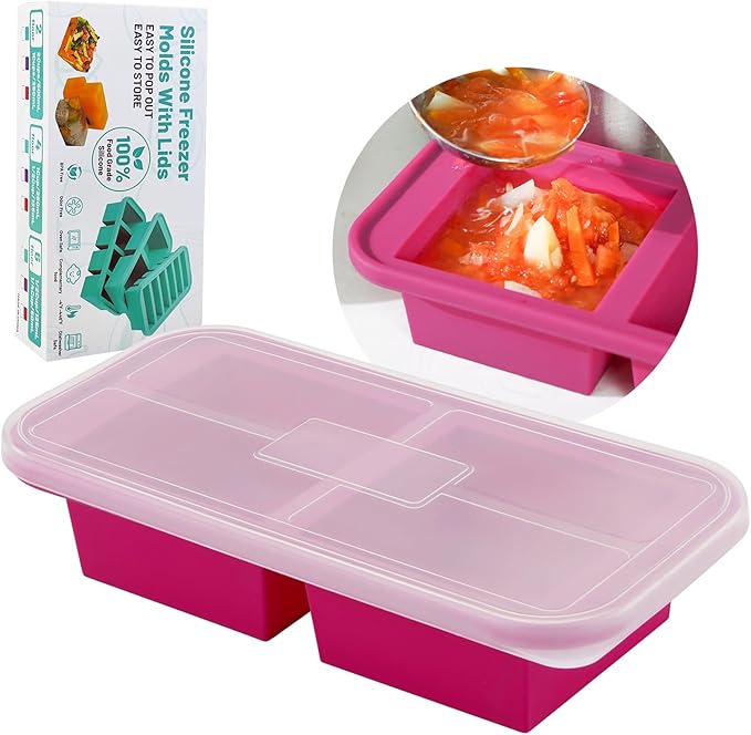 SHIKORI Silicone Freezer Tray With Lid, Silicone Freezer Food Molds, Large Ice Cube Tray, Silicone Freezer Container,Freeze & Store Soup, Sauce, Broth,Leftovers (Red-2 Cups)