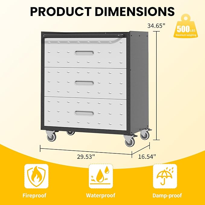 Garage Storage Cabinets with Wheels, Locking Metal Storage Cabinets with 3 Drawers, Easy Assembly Rolling Tool Cabinet for Garage, Basement,Warehouse