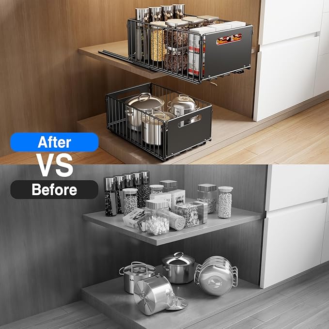 2 Pack Pull Out Cabinet Organizer, Slide Out Drawers for Cabinets, Peel and Stick, Heavy Duty Shelves for Kitchen, Cupboard, Pantry, Bathroom (14.76" D*9.65" W*7.87" H-Black)
