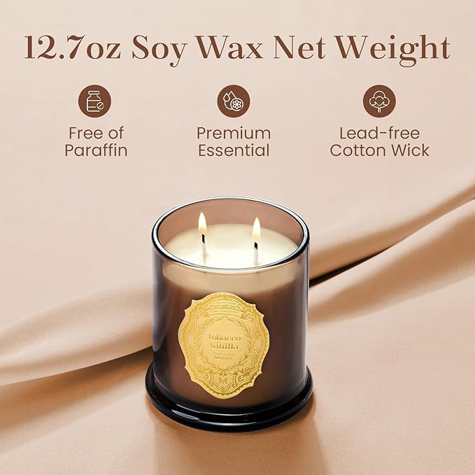 M&SENSE Tobacco Vanilla Candles for Home Scented, 2 Wick 12.7oz Soy Wax Candles Non Toxic,70 Hours Long Burning,Christmas Candles Gift for Stress Relief, Meditation, Yoga