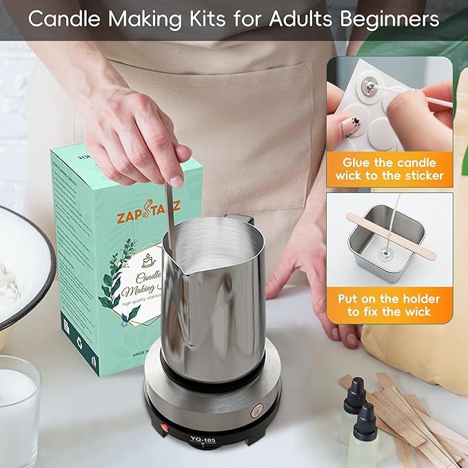 Zapstarz Candle Making Kit with Hot Plate, Candle Making Supplies for Adults Beginners, Wax Melting Pot with Stirring Spoon, Anti-Scalding Pad, Candle Wick, Centering Device, Wick Stickers
