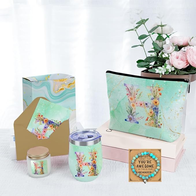Personalized Gifts Monogrammed Birthday Gifts for Women, Bridesmaid Bachelorette Party Christmas Initial Wine Tumbler Makeup Bag Scented Candle Bracelet Set, (Aesthetic Green Flower H)