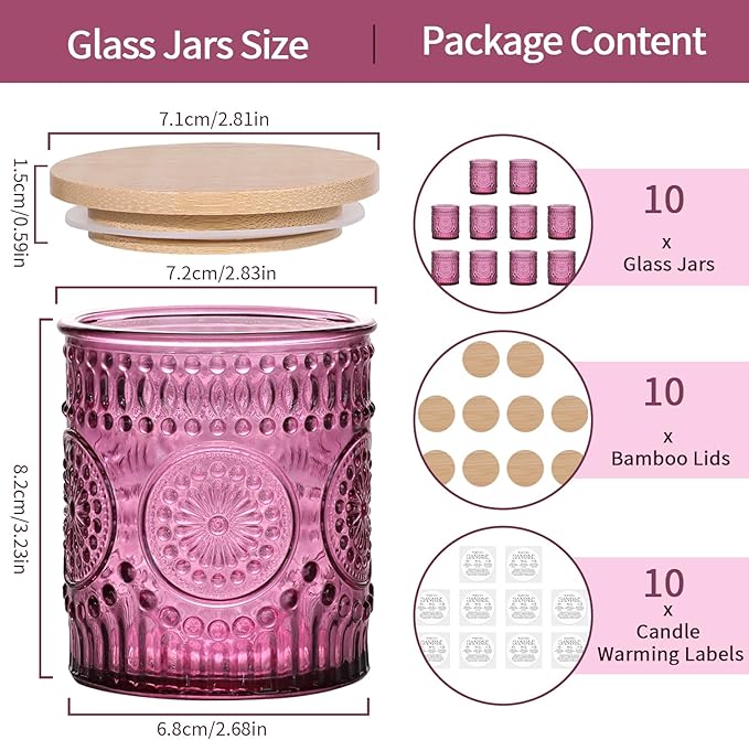 DARJEN 10 Pack Purple Candle Jars for Making Candles- 7.5 OZ Empty Glass Candle Making Jars with Bamboo Lids and Labels, Candle Making Supplies Candle Containers for Home DIY