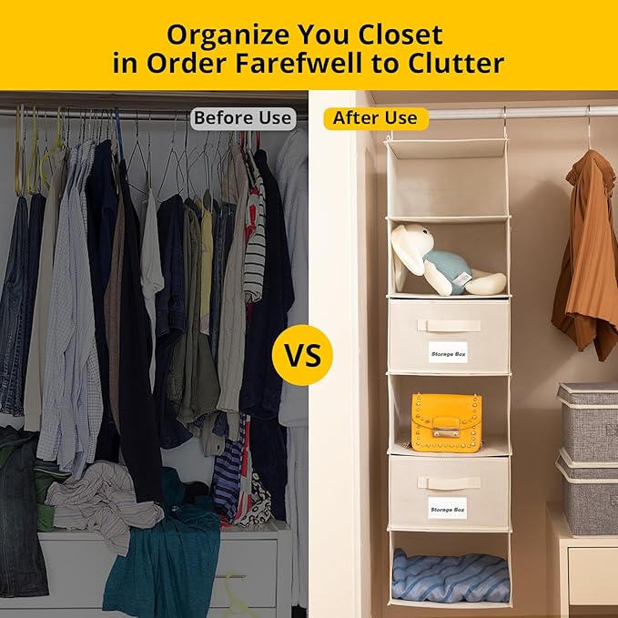 BrilliantJo 2 Pack 6 Shelves Hanging Closet Organizer with 2 Drawer, Hanging Storage with 4 Side Pockets for Clothes Shoes, 43.5"x12"x12"(Beige)