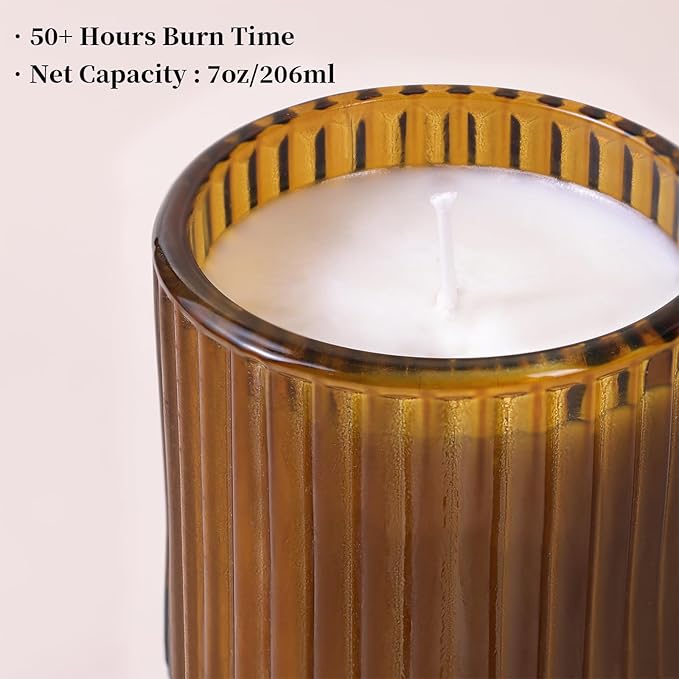 DEVI 7oz Empty Amber Ribbed Glass Candle Jars for Making Candles Set of 8, Glass Candle Jars with Bamboo Lids, Bulk Empty Candle Containers, Candle Tins Making Supplies for Gifts, Home Shelf Decor