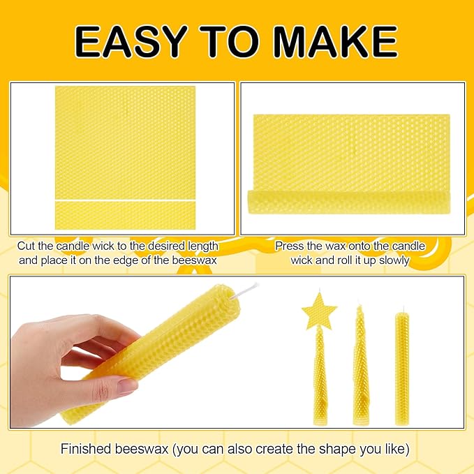 Moinchore 24 Pcs Beeswax Candle Making Kit, 8 x 8 Inch Vibrant Colors Beeswax Sheet for Candle Making with 1 Roll Cotton Wick, DIY Craft Rolling Supplies for Christmas Handmade Crafts Gift(Yellow)