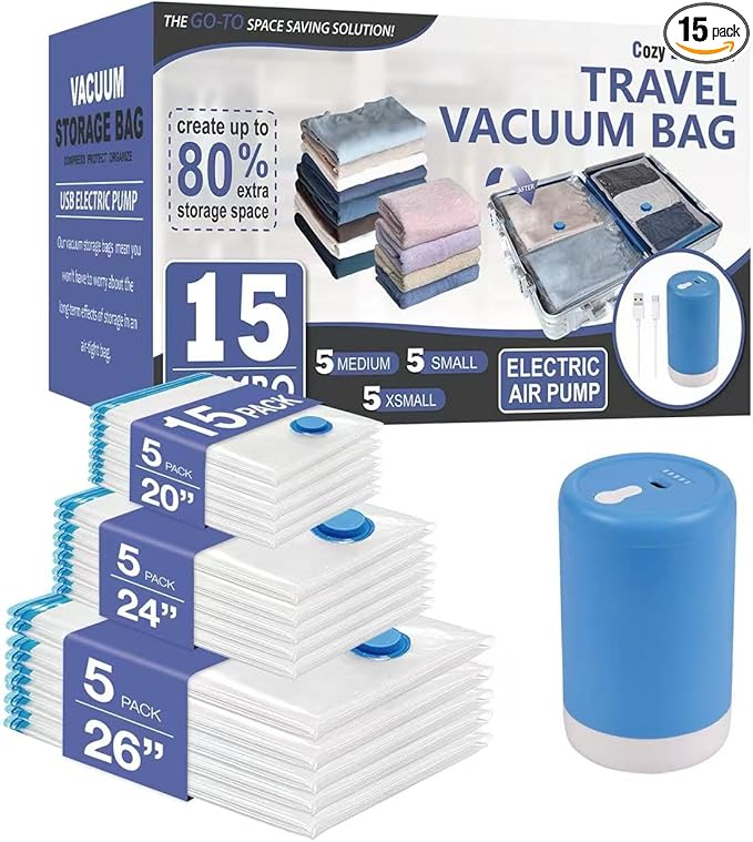 Cozy Essential Travel Vacuum Storage Bags with Rechargeable Cordless USB Pump, Space Saver Bags for Luggage, Suitcase, Carry-On, for Clothes, Blankets, Bedding & Seasonal Storage,15 Combo