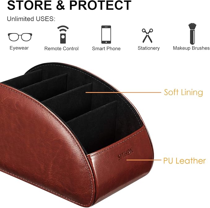 SITHON Remote Control Holder with 5 Compartments – [Upgrade Version] PU Leather Remote Caddy Desktop Organizer Store TV, DVD, Blu-Ray, Media Player, Smart Phones, Heater Controllers (Brown)