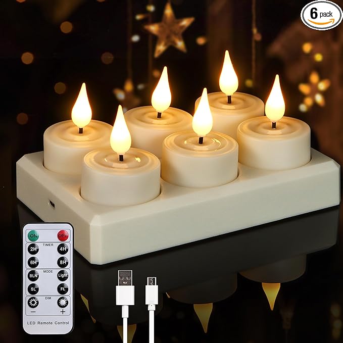 Daord Flameless Rechargeable Tea Lights with Remote Timer Battery Operated Realistic LED TeaLight for Home Wedding Table Halloween Centerpieces Decor (6pcs,with Charging Station)
