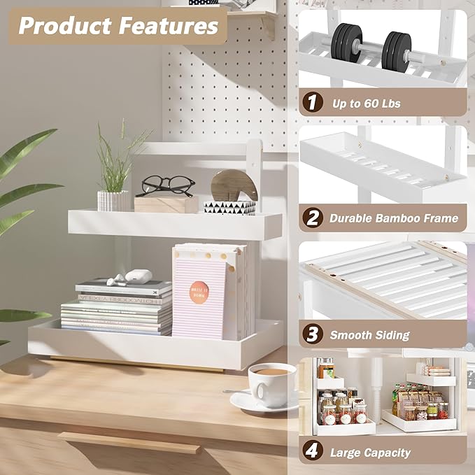 Bamboo Under Sink Organizer and Storage, 2 Tier Pull Out Cabinet Organizer, Slide Out Under Sink Storage Shelf, Undersink Organizers Shelves for Kitchen Bathroom Organization (White, 2 Packs)