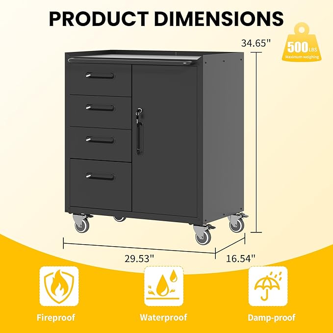 Garage Storage Cabinets with Wheels, Locking Metal Storage Cabinets with 4 Drawers and 1 Door, Easy Assembly Rolling Tool Cabinet for Garage, Basement,Warehouse