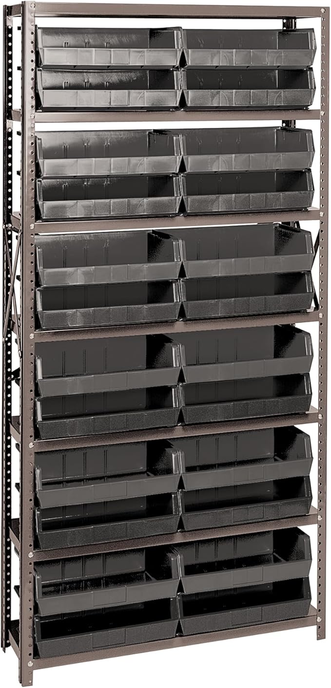 Quantum QSBU-245BK Heavy Duty Shelving Unit with (7) Shelves and (24) QUS245 Black Bins for Garage Warehouse Storage Distribution | 400 lb Load Capacity | 12"D x 36"L x 75"H, Galvanized Carbon Steel