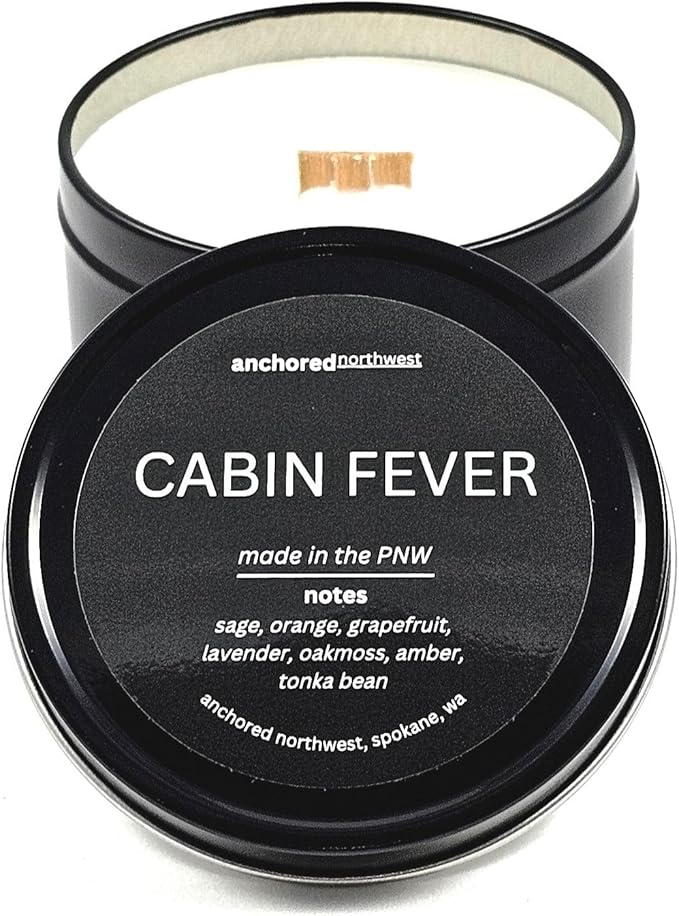 Anchored Northwest - Cabin Fever Travel Tin Candle, 6oz Black Metal Tin, American Cedar Wood Wick, Hand Poured, Essential Oil Blend 100% Soy Wax, 35+ Hour Burn