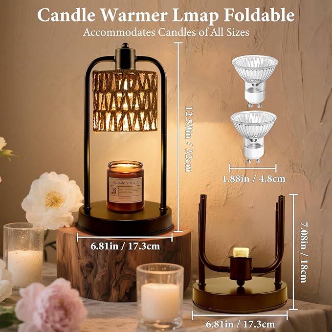 Candle Warmer Lamp with Timer Light: Electric Wax Melt Warming Dimmable for Yankee Candles Large - Birthday Christmas Gift for Women Mom, Room, New Home Decor, Vintage House (Black + Brown Hemp Rope)