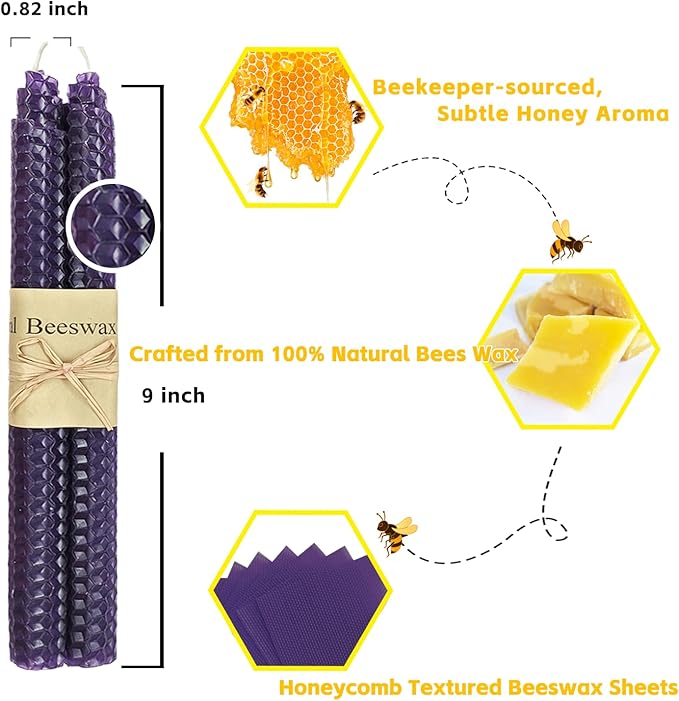 Lacaser Natural Beeswax Purple Taper Candles Bulk Set of 14 pcs, Unscented & Smokeless & Dripless Long Candlesticks 9 Inches Each, Gift Box Packed