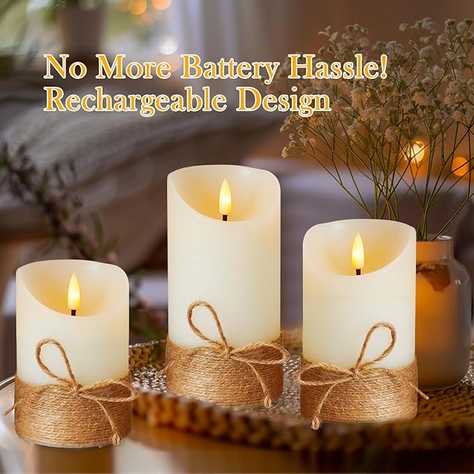 Rechargeable Flameless LED Candles,Flickering Candles with Auto On/Off Timer 2H/4H/6H/8H,Real Wax, Dimmable Brightness,4" 5" 6" Set of 3 for Valentine's Day,Centerpiece Table Decorations,Home Decor