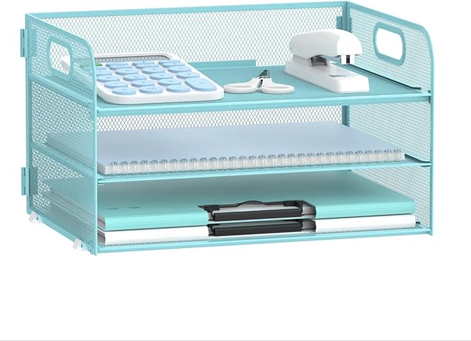 Supeasy 3 Tier Paper Organizer with Handle, Mesh Desk Organizer Letter Tray, Paper Tray File Organizer for A4 File Folder, Blue